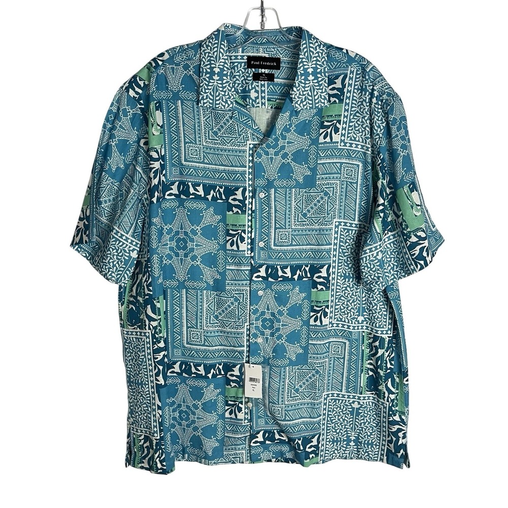 Paul Frederick Men's XL Slim Fit Bandana Print Casual Shirt Aqua Short Sleeve